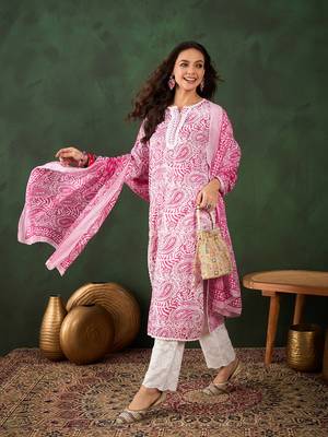 Pink printed cotton round neck kurta sets 3