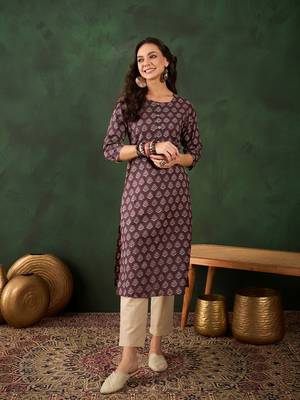 Brown printed cotton round neck kurta sets 1