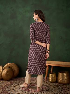 Brown printed cotton round neck kurta sets 2