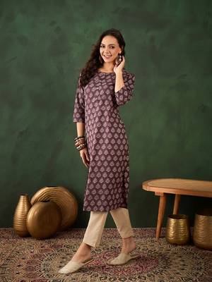 Brown printed cotton round neck kurta sets 4