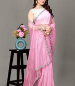 Baby pink hot fix diamond work emblished jimmy choo saree with blouse (un-stitched)