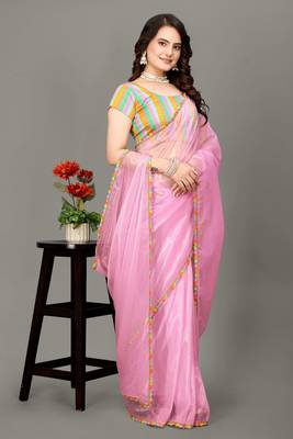 Baby pink hot fix diamond work emblished jimmy choo saree with blouse (un-stitched) 1