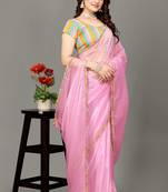 Baby pink hot fix diamond work emblished jimmy choo saree with blouse (un-stitched)