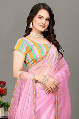 Baby pink hot fix diamond work emblished jimmy choo saree with blouse (un-stitched) 2