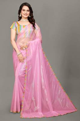 Baby pink hot fix diamond work emblished jimmy choo saree with blouse (un-stitched) 3