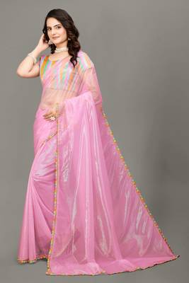 Baby pink hot fix diamond work emblished jimmy choo saree with blouse (un-stitched) 4