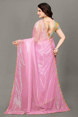 Baby pink hot fix diamond work emblished jimmy choo saree with blouse (un-stitched) 5