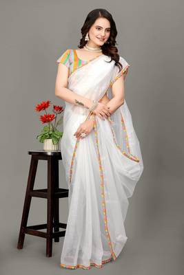White hot fix diamond work emblished jimmy choo saree with blouse (un-stitched) 1