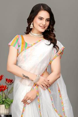 White hot fix diamond work emblished jimmy choo saree with blouse (un-stitched) 2