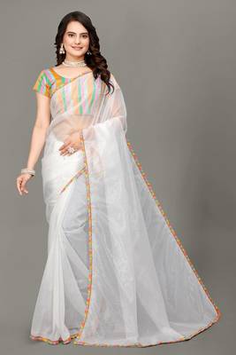 White hot fix diamond work emblished jimmy choo saree with blouse (un-stitched) 3