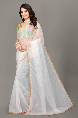 White hot fix diamond work emblished jimmy choo saree with blouse (un-stitched) 4