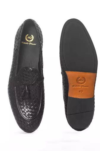 Woven leather tassel slipons