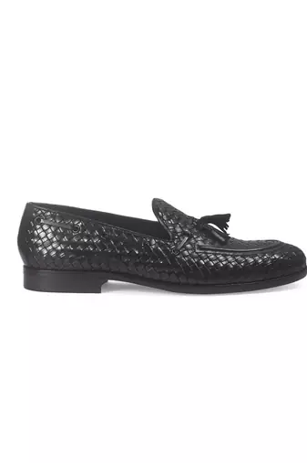 Woven leather tassel slipons