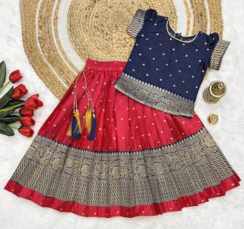 Baby Girls South Indian Rani Pink and Blue Pattu Pavadai Lehenga Choli Set for Kids 1
