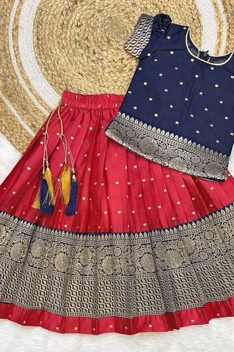Baby Girls South Indian Rani Pink and Blue Pattu Pavadai Lehenga Choli Set for Kids