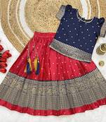 Baby Girls South Indian Rani Pink and Blue Pattu Pavadai Lehenga Choli Set for Kids