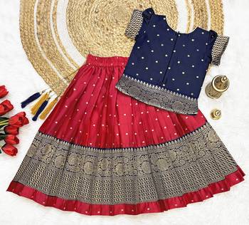 Baby Girls South Indian Rani Pink and Blue Pattu Pavadai Lehenga Choli Set for Kids 2