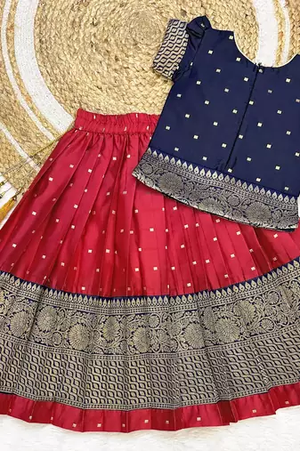 Baby Girls South Indian Rani Pink and Blue Pattu Pavadai Lehenga Choli Set for Kids