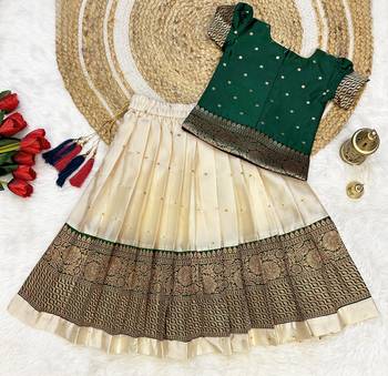 Baby Girls South Indian Green and White Pattu Pavadai Lehenga Choli Set for Kids 2