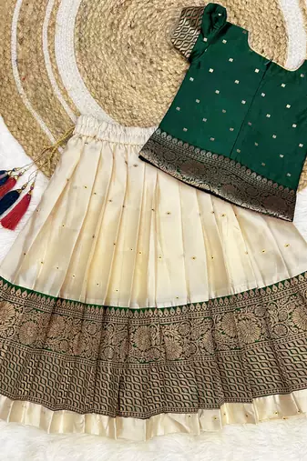 Baby Girls South Indian Green and White Pattu Pavadai Lehenga Choli Set for Kids