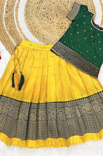 Baby Girls South Indian Yellow Pattu Pavadai Lehenga Choli Set for Kids