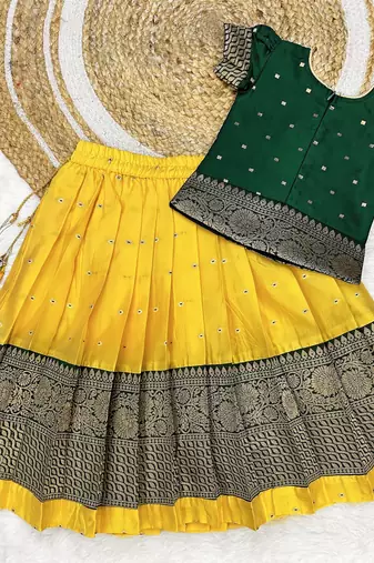 Baby Girls South Indian Yellow Pattu Pavadai Lehenga Choli Set for Kids
