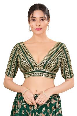Bottle Green Padded Jain Silk V Neck Blouse 1