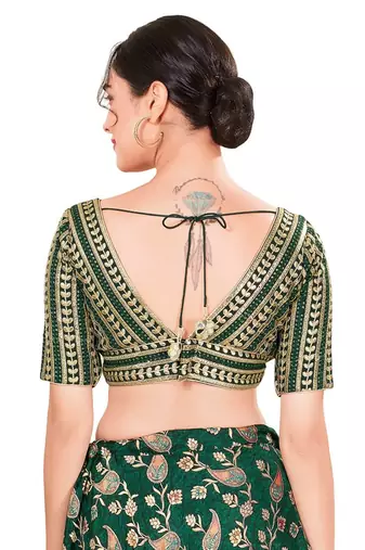 Bottle Green Padded Jain Silk V Neck Blouse
