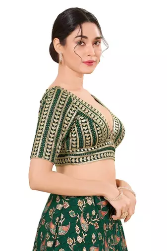 Bottle Green Padded Jain Silk V Neck Blouse