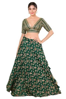 Bottle Green Padded Jain Silk V Neck Blouse 4