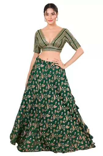 Bottle Green Padded Jain Silk V Neck Blouse