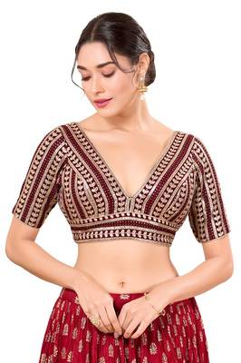 Maroon Padded Jain Silk V Neck Blouse 1