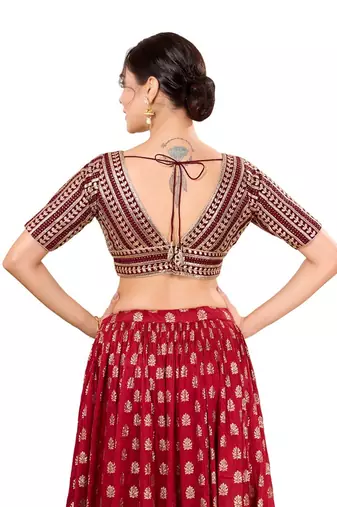 Maroon Padded Jain Silk V Neck Blouse