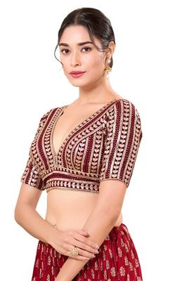 Maroon Padded Jain Silk V Neck Blouse 3