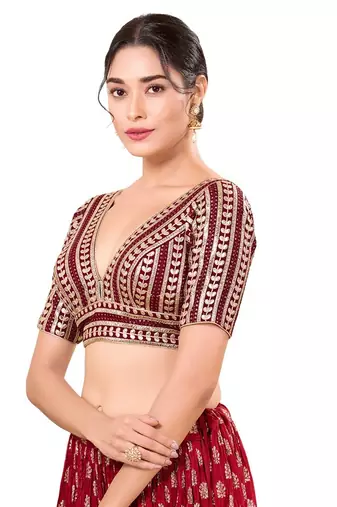 Maroon Padded Jain Silk V Neck Blouse
