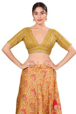 Mustard Padded Jain Silk V Neck Blouse 1