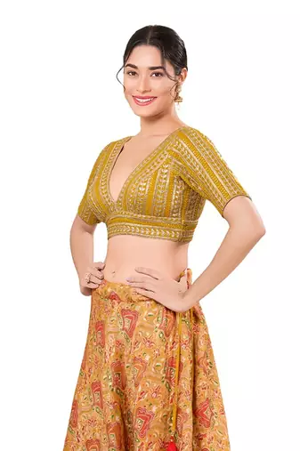 Mustard Padded Jain Silk V Neck Blouse