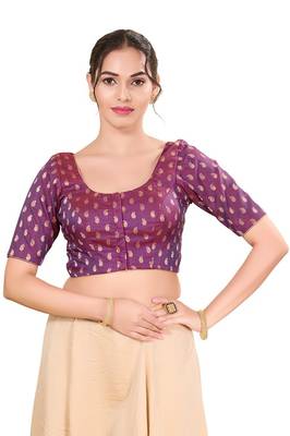 Brinjal Padded Jain Silk Round Neck Blouse 1