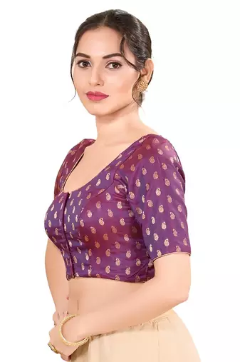 Brinjal Padded Jain Silk Round Neck Blouse