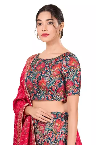 Blue Padded Jacquard Round Neck Blouse