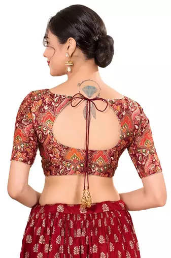 Maroon Padded Jacquard Round Neck Blouse