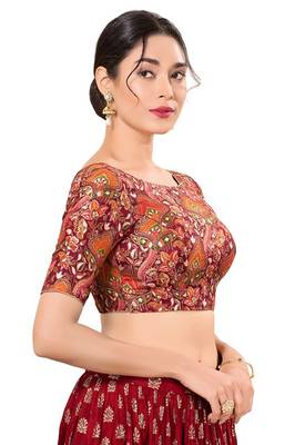 Maroon Padded Jacquard Round Neck Blouse 3