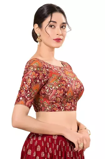 Maroon Padded Jacquard Round Neck Blouse