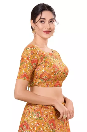 Mustard Padded Jacquard Round Neck Blouse