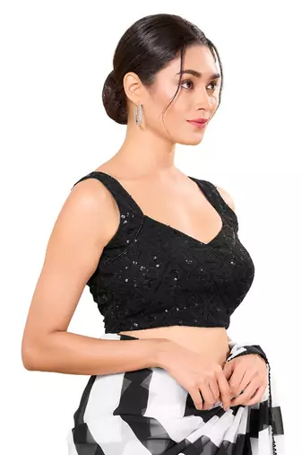 Black Padded Net Sweatheart Neck Blouse