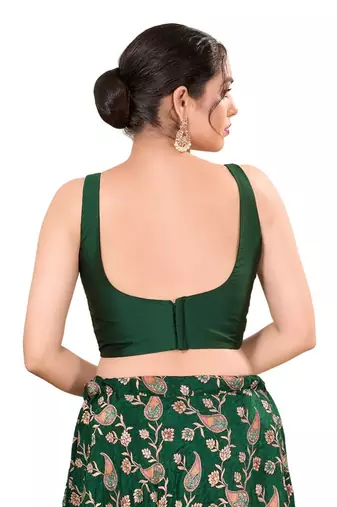 Bottle Green Padded Brocade Square Neck Blouse