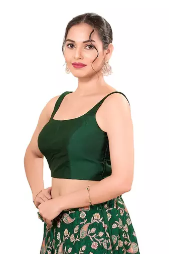 Bottle Green Padded Brocade Square Neck Blouse