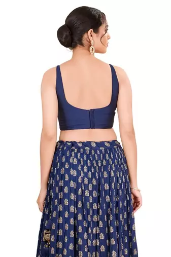 Navy Blue Padded Brocade Square Neck Blouse
