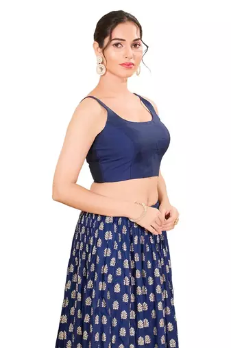 Navy Blue Padded Brocade Square Neck Blouse