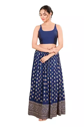 Navy Blue Padded Brocade Square Neck Blouse